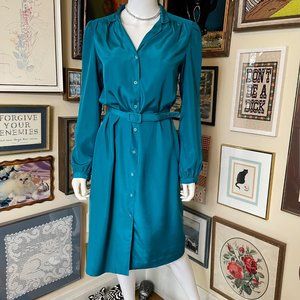 80s Vintage Lopez Teal Blue Long Sleeve Midi Shift Dress with Belt and Pockets